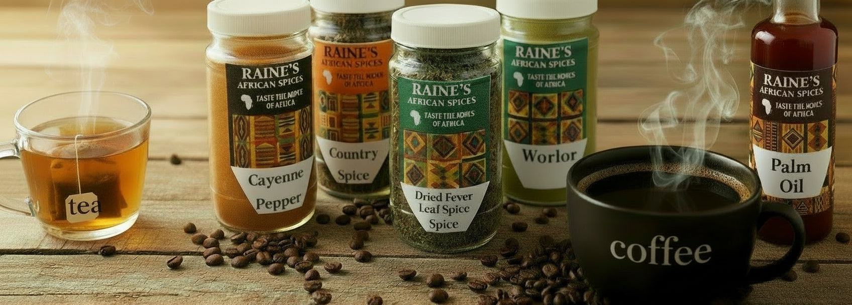 Set of Raine's African Spices jars on a red background